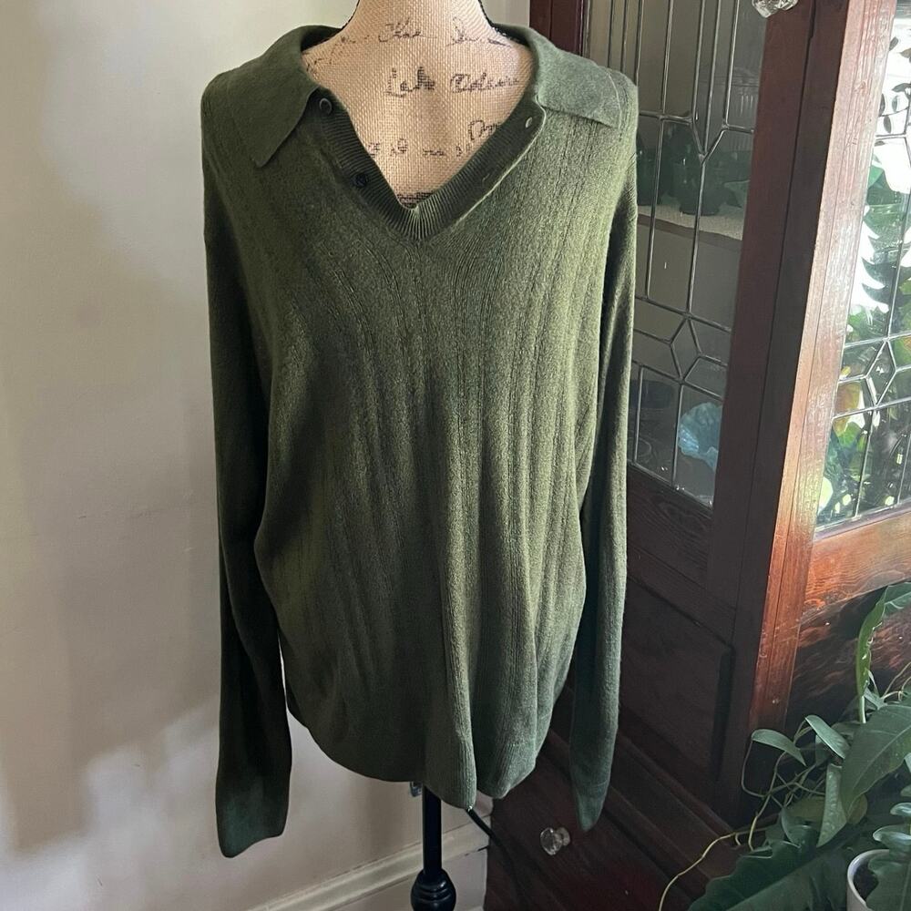 Vintage 90s Olive Button Collar Sweater Mens L Polo Cozy Minimalist - Picture 4 of 17